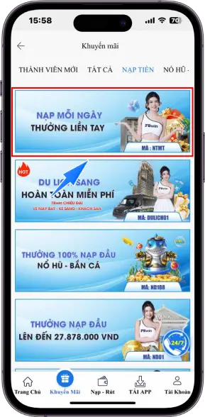 Bước 2 : Chọn Nạp mỗi ngày - thưởng liền tay